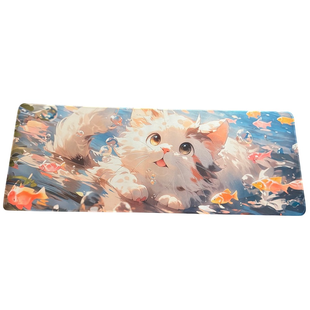 Kitty Cat Fish Graphic Playing Mat TCG CCG Very Large 30x11 Desk Pad Water Cream